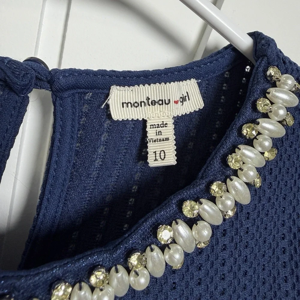 Monteau girl navy blue Dress Size 10 beaded neck sleeveless Party Festive